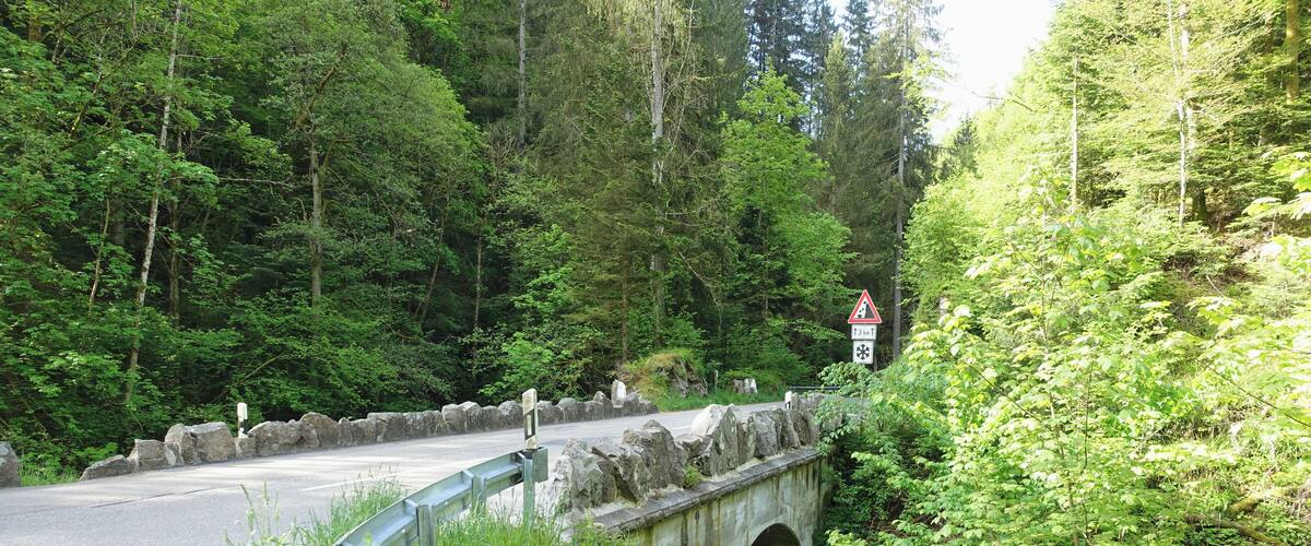 A stone bridge over a stream in a forested area.