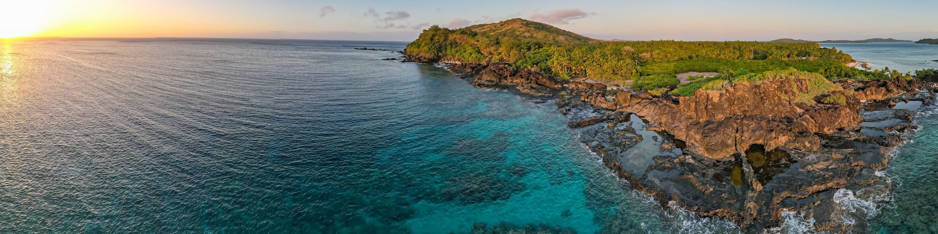 Aerial view of Fiji tropical Islands at sunset in the south Pacific
