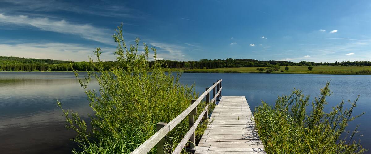 A wooden pier extending into a calm lake, surrounded by lush greenery and forested hills under a clear sky.