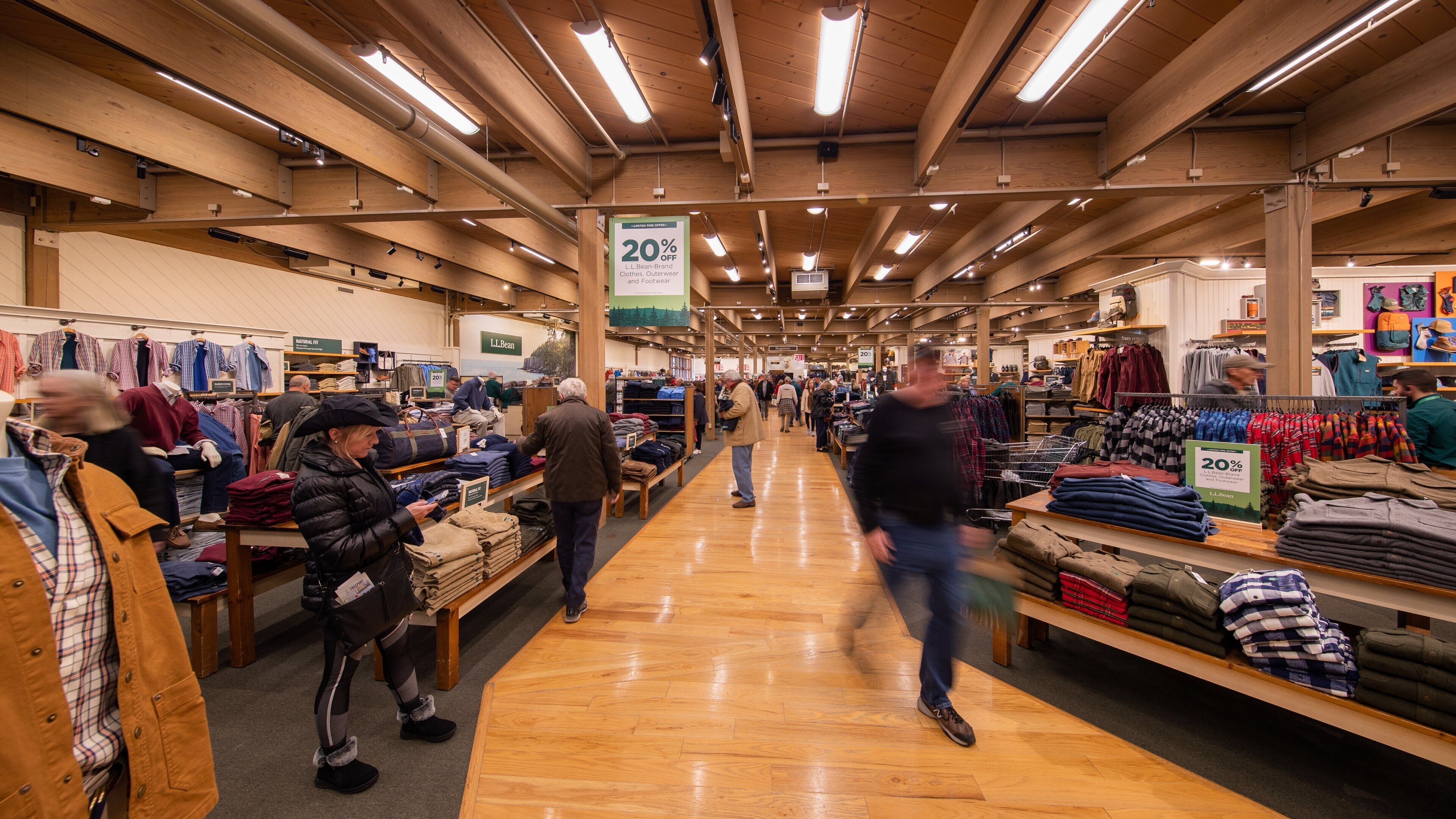 LL Bean Flagship Store showing shopping and interior views as well as a large group of people