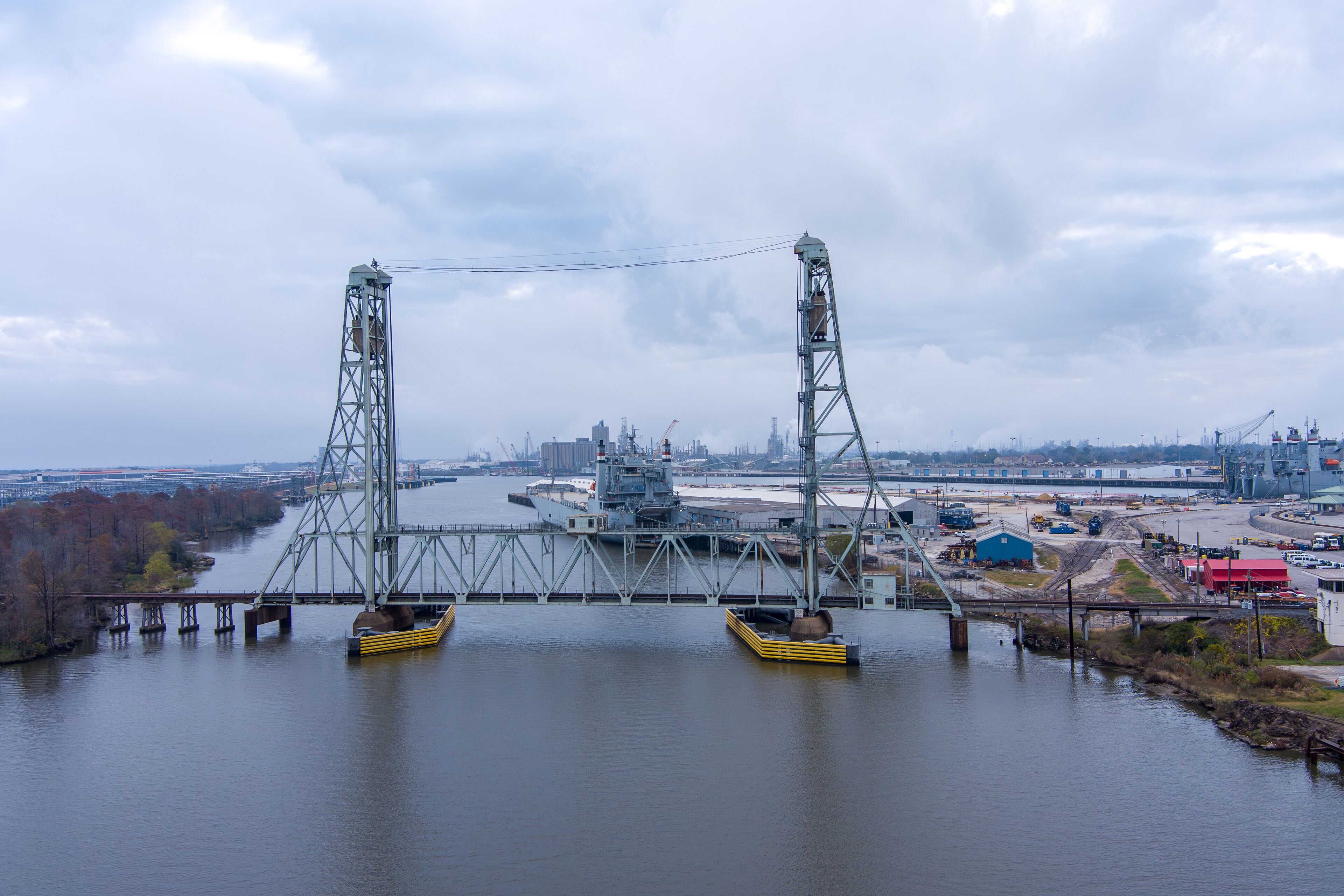 Aerial view of the Neches River Railroad bridge in Beaumont, Texas