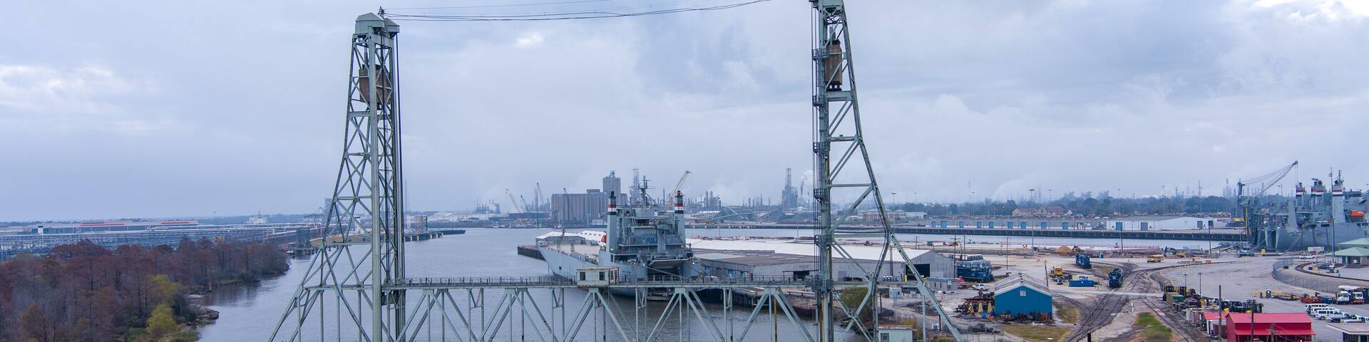 Aerial view of the Neches River Railroad bridge in Beaumont, Texas