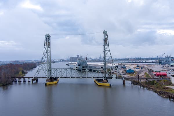 Aerial view of the Neches River Railroad bridge in Beaumont, Texas