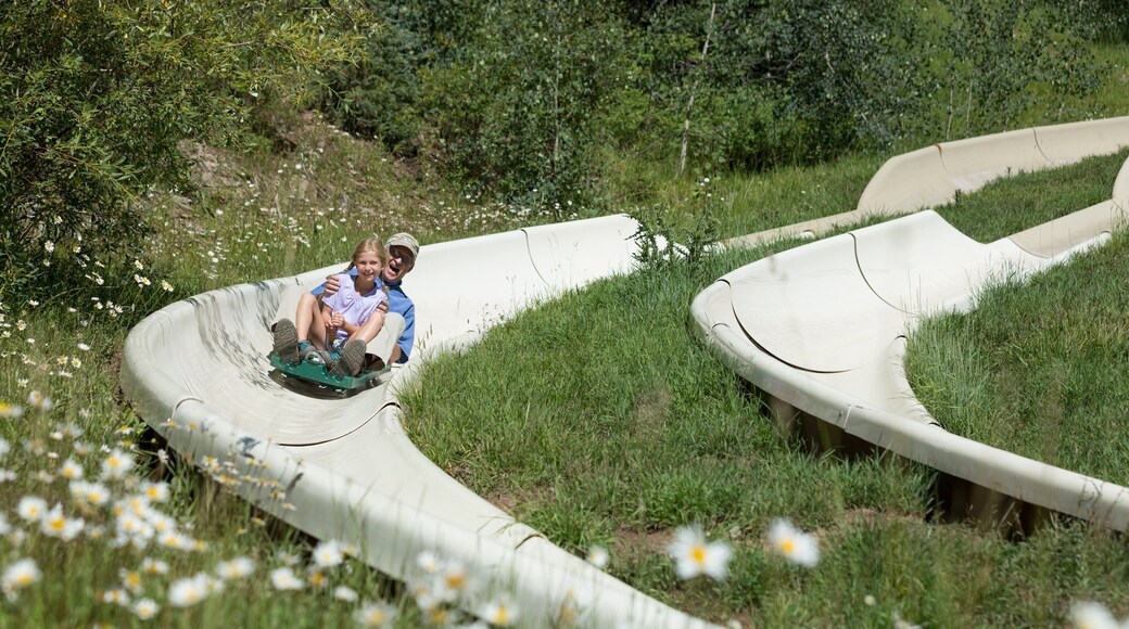 Estación de esquí Purgatory mostrando llantas inflables para deslizarse por la nieve y también una familia