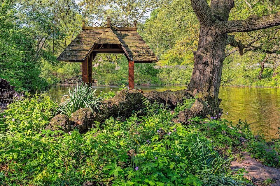 Een houten tuinhuisje aan een vijver, omgeven door weelderige beplanting.