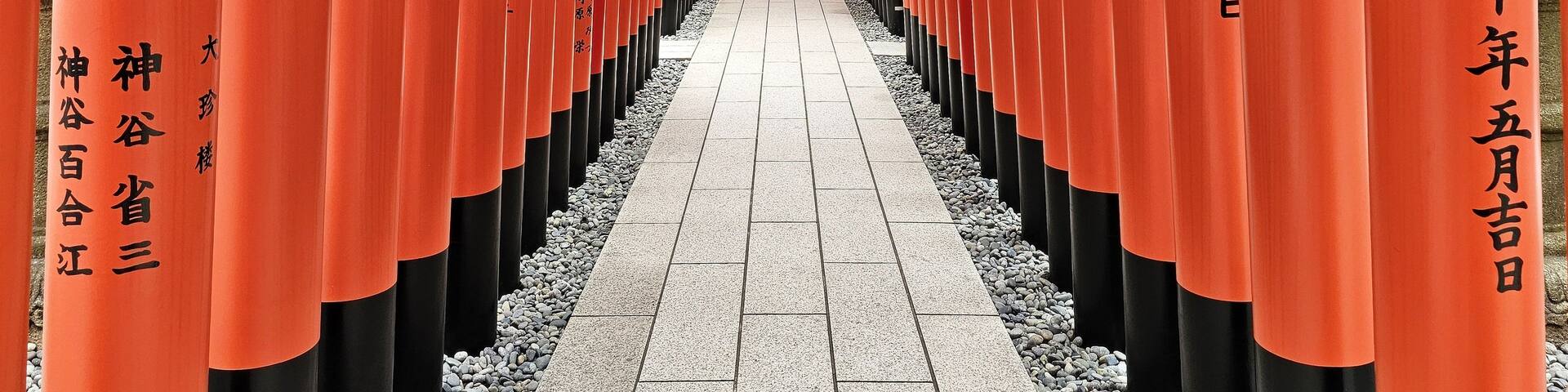 A pathway lined with red torii gates with Japanese inscriptions.