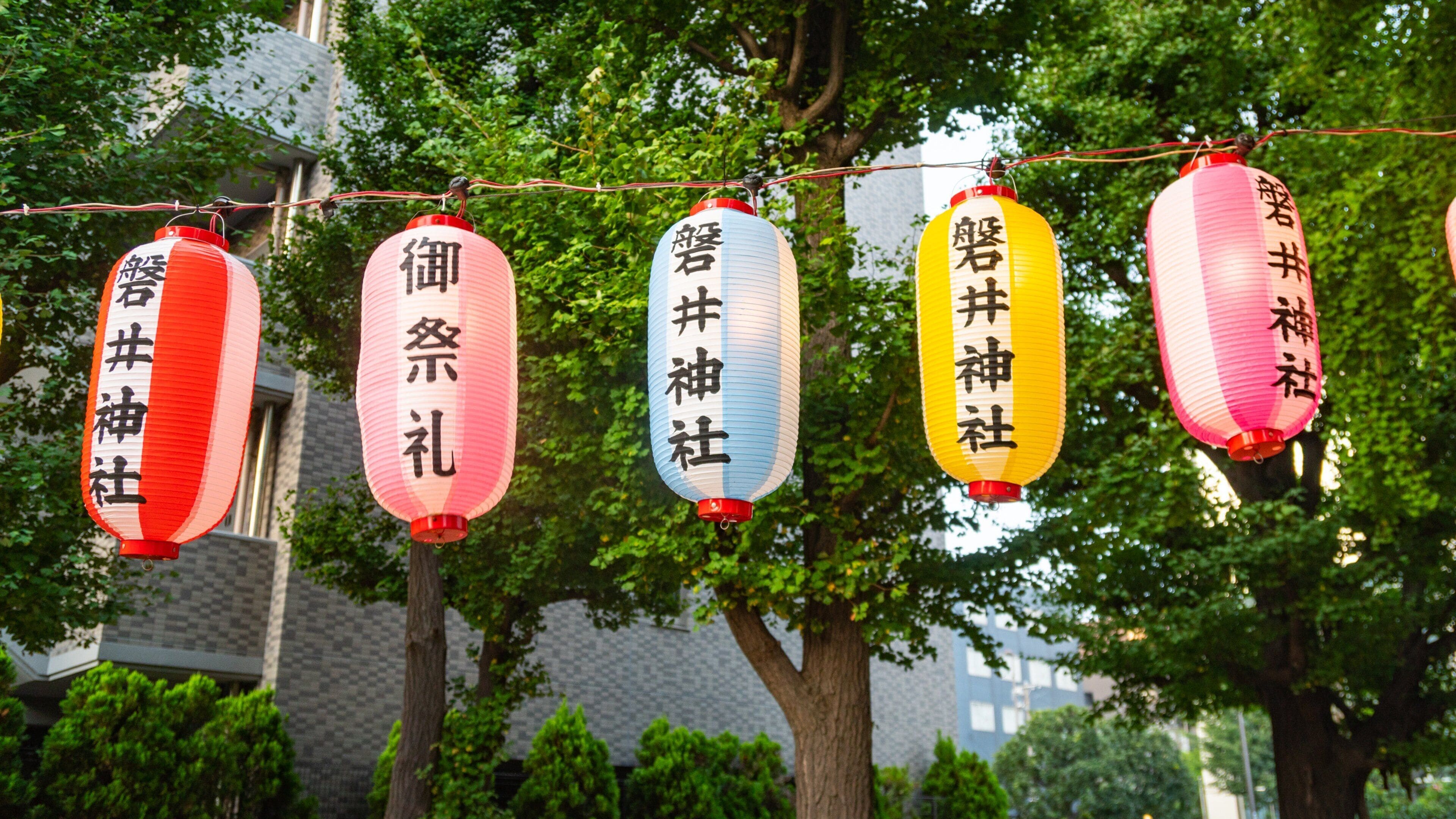 A row of traditional Japanese lanterns with Chinese characters, hanging against a backdrop of trees and buildings.