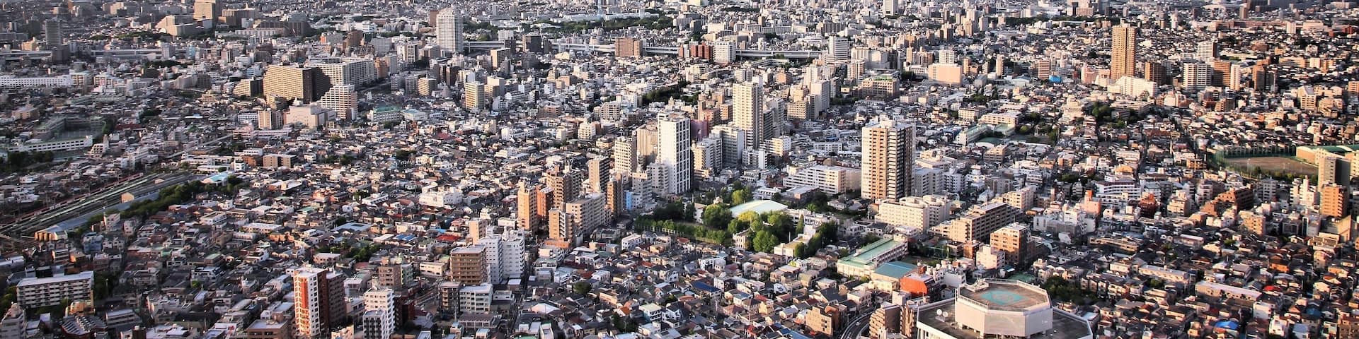 A densely populated urban landscape with numerous high-rise buildings and a vast expanse of cityscape under a cloudy sky.