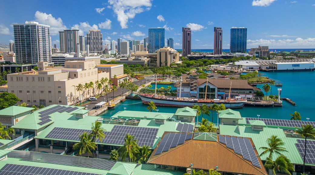 Aloha Tower showing a city, a marina and landscape views