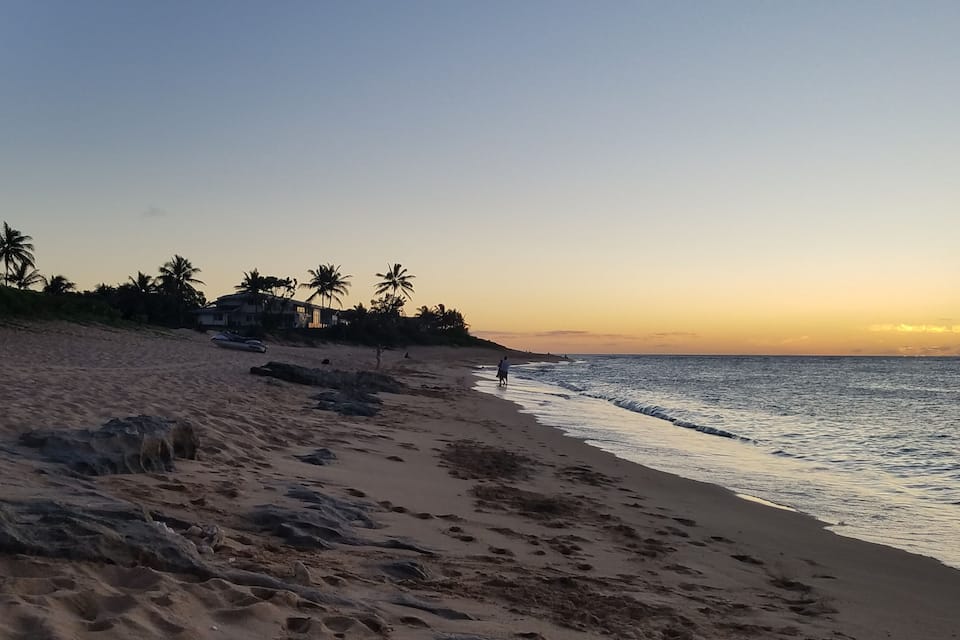 Platja amb empremtes, palmeres i un atardec