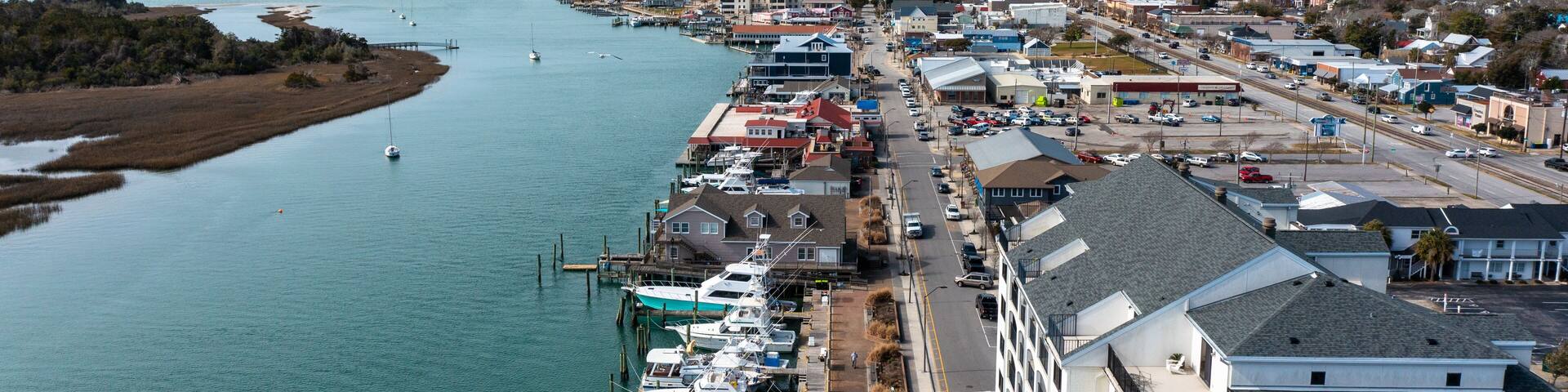 Aerial View of the Morehead City North Carolina waterfront looking south