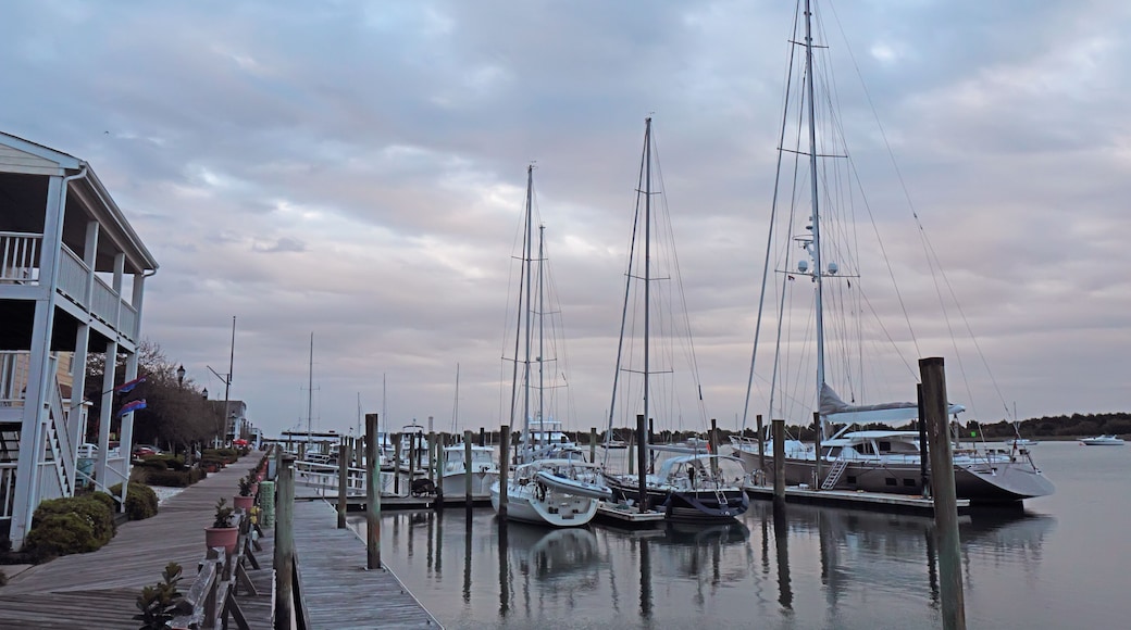 Buildings, docks and boats at sunset in Beaufort, North Carolina