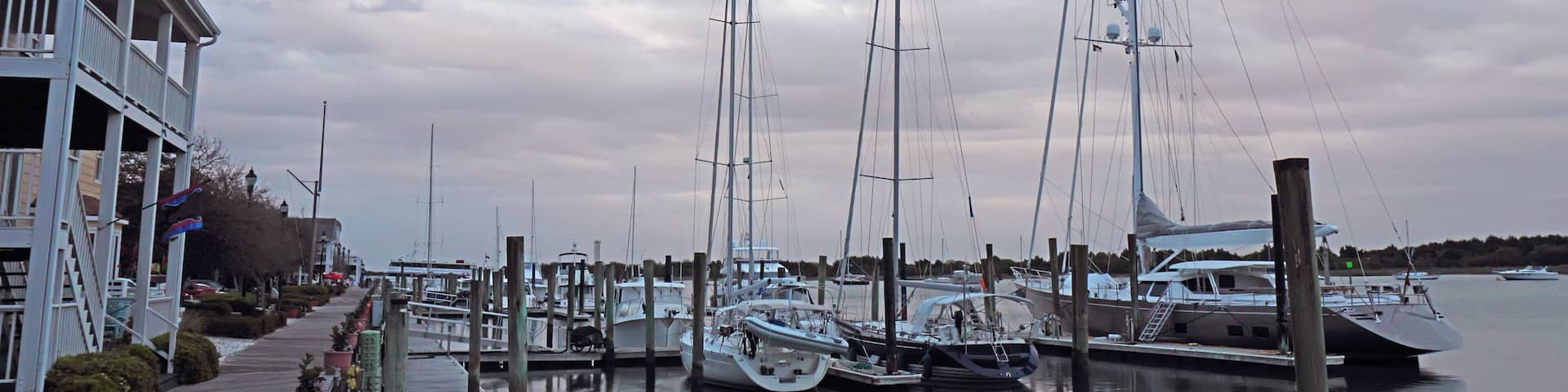 Buildings, docks and boats at sunset in Beaufort, North Carolina