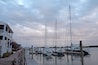 Buildings, docks and boats at sunset in Beaufort, North Carolina