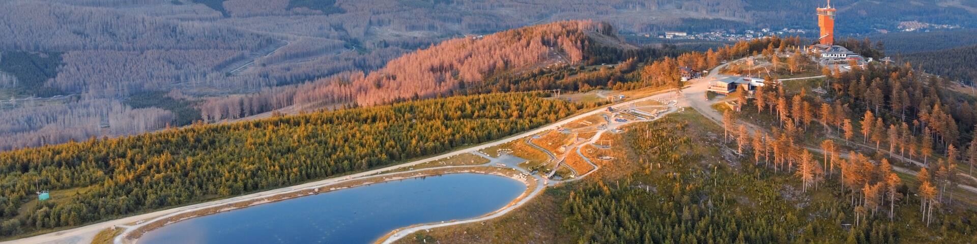 Aerial landscape panorama of Mount Wurmberg near Braunlage in the Harz mountains, Lower Saxony, Germany.