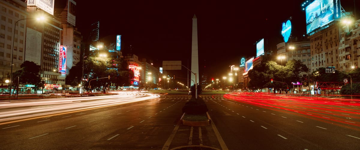 Panoramic view at night of Avenida 9 de Julio, widest avenue in the world, and El Obelisco, The Obelisk, Buenos Aires, Argentina
