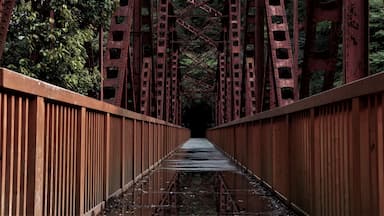 Abandoned red railway bridge. Fukuchiyama Railway
