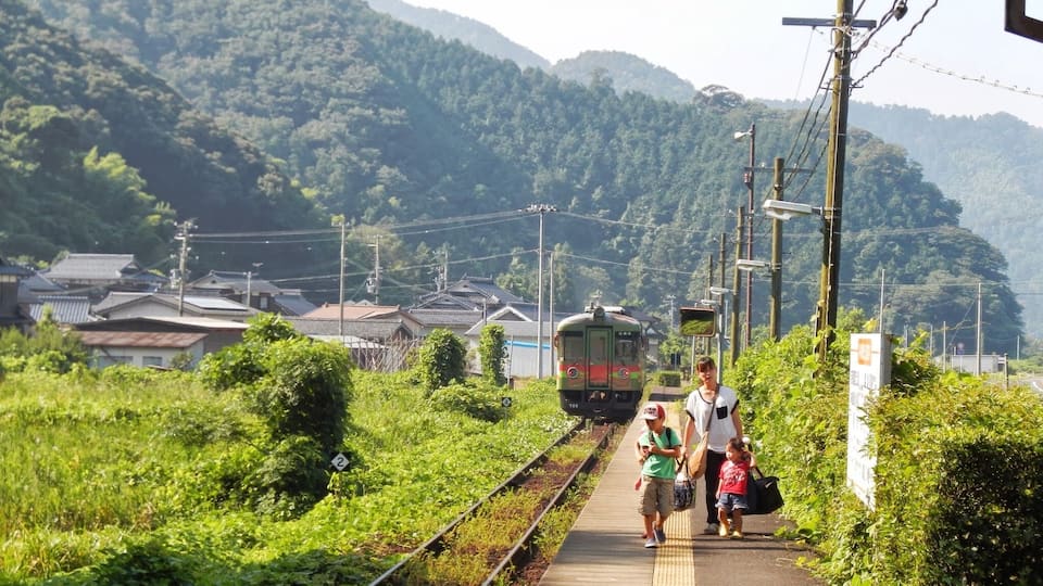 A train on tracks with a mountainous landscape in the background.