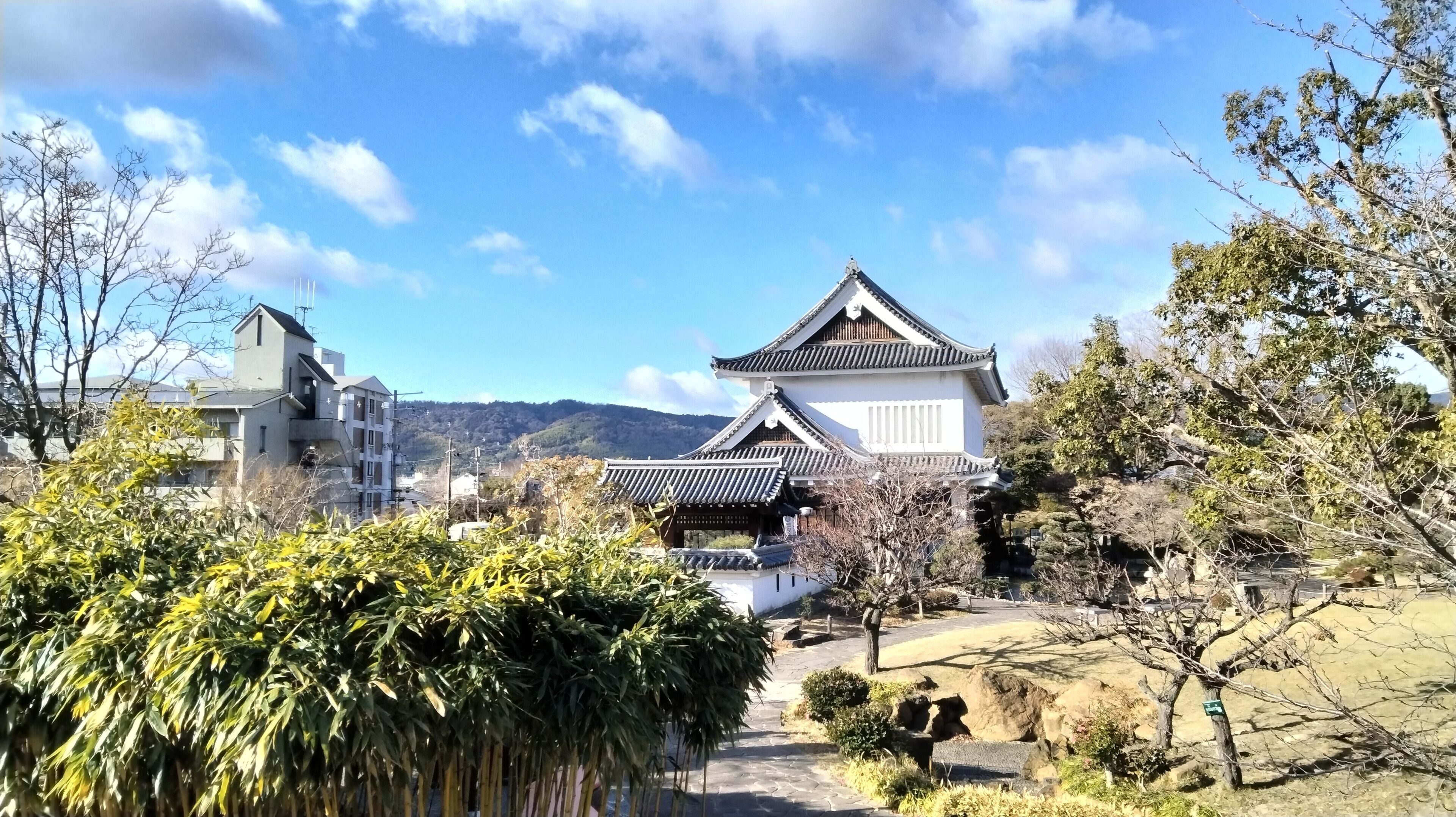 A traditional Japanese building with a tiled roof, surrounded by greenery and modern buildings in the background.