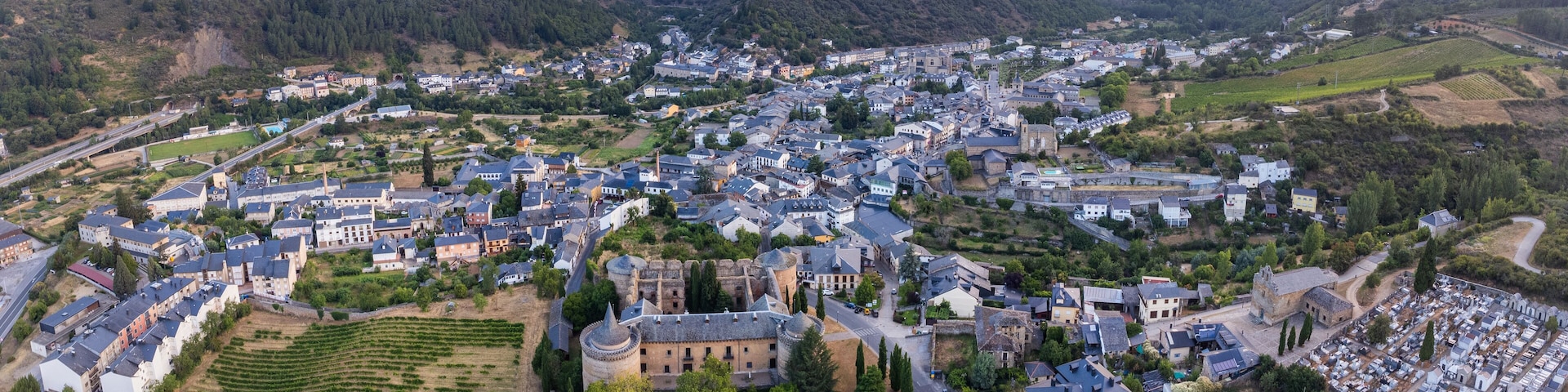 A Breathtaking Aerial View of Vallafranca del Bierzo at Sunrise, Spain