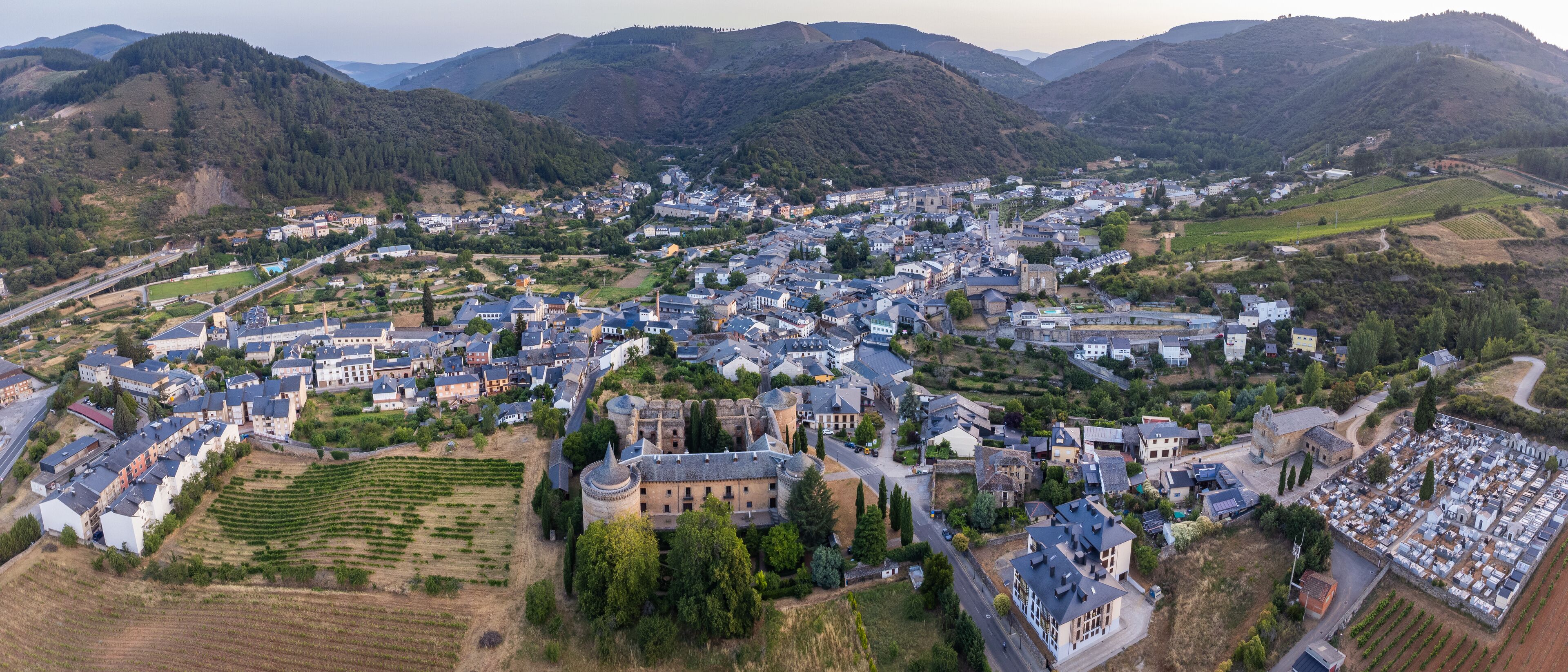 A town nestled in a valley with a castle, vineyards, and rolling hills in the background.