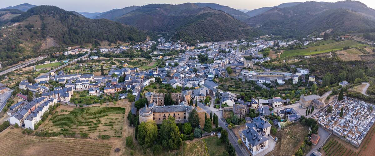 A town nestled in a valley with a castle, vineyards, and rolling hills in the background.