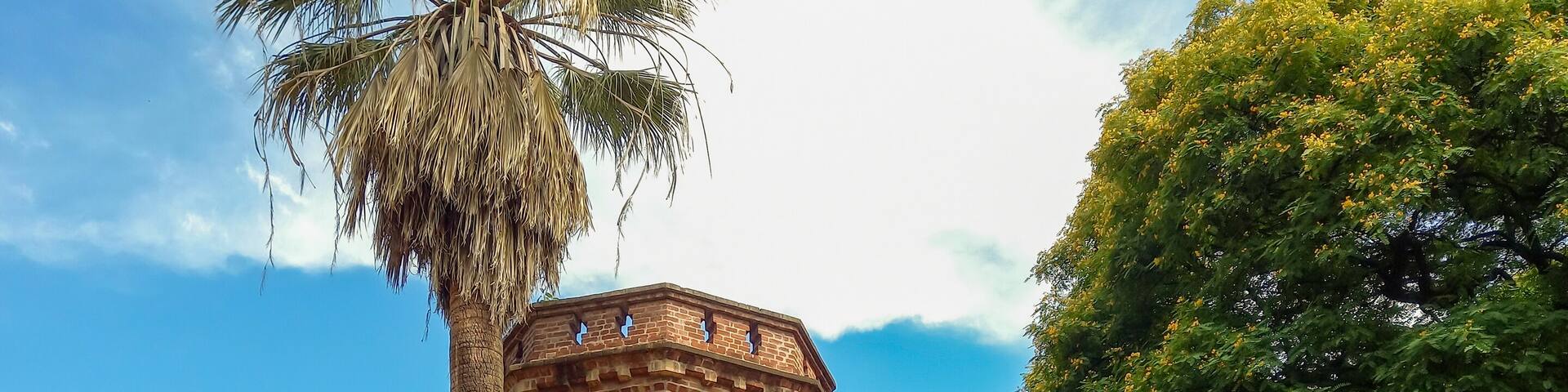 A historic brick building with a palm tree in front.