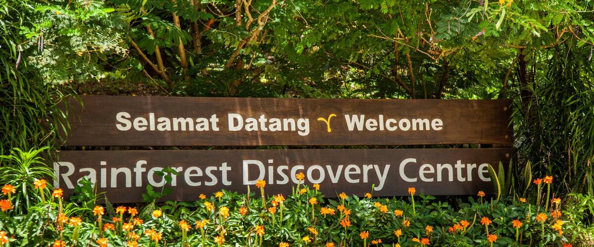 Ein hölzernes Schild mit der Aufschrift 'Selamat Datang Welcome' und 'Rainforest Discovery Centre', umgeben von Grünpflanzen und orangefarbenen Blüten.