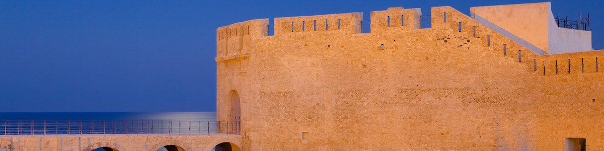 Ortygia which includes a coastal town, night scenes and heritage elements