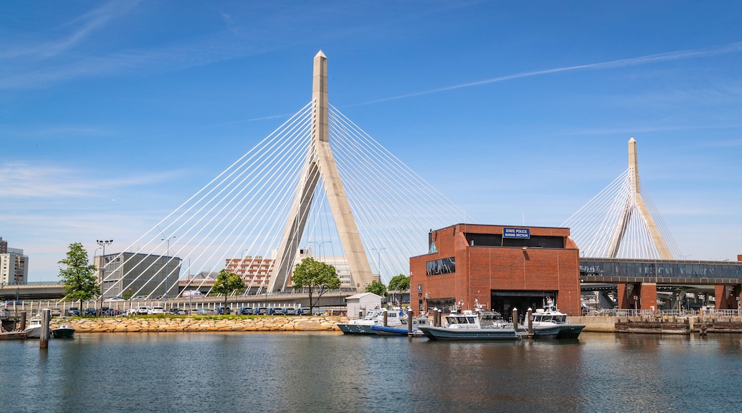 Zakim Bunker Hill Bridge which includes a bay or harbor and a bridge