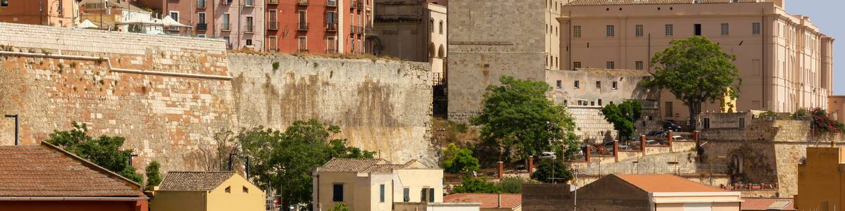 View of the Castello historic district in Cagliari, Italy, with the medieval Elefante tower in the foreground