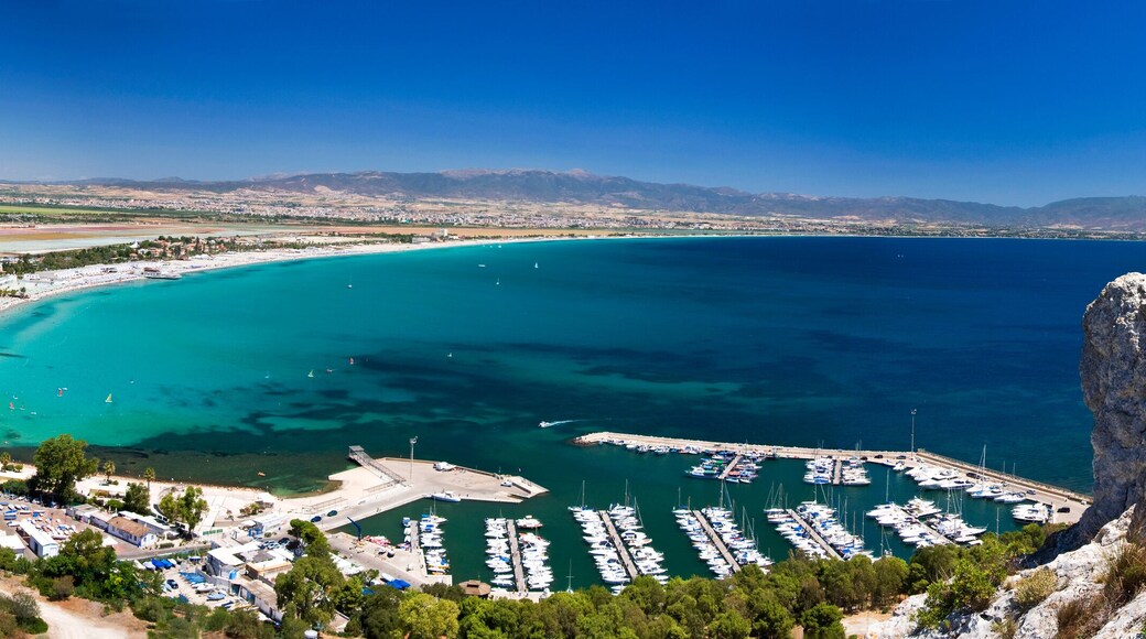 Poetto beach and tourist harbor, panoramic view from above, Cagliari, Sardinia