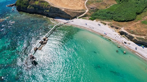 Eine Vogelperspektive eines Küstenabschnitts mit einem klaren Strand, felsigen Klippen und einer Brücke, die das Land mit dem Meer verbindet.