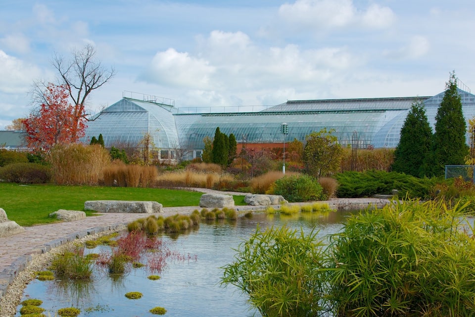 A greenhouse with a glass roof, a pond with water lilies, and a red sculpture in a landscaped garden.