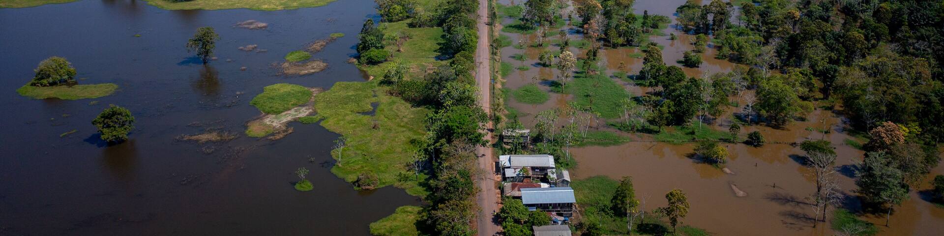 Aerial view of the BR 319 highway linking Manaus and Porto Velho in the Brazilian Amazon. The beginning of the route in Careiro da Várzea is surrounded by wetlands and rainforest. Amazonas, Brazil