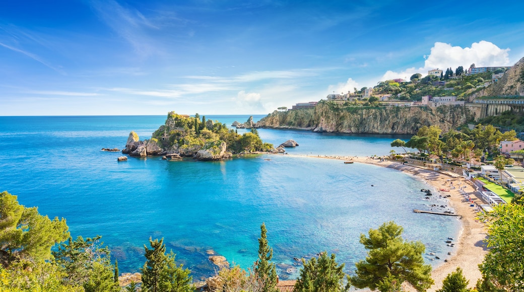 Panoramic view of Isola Bella small island near Taormina, Sicily, Italy.