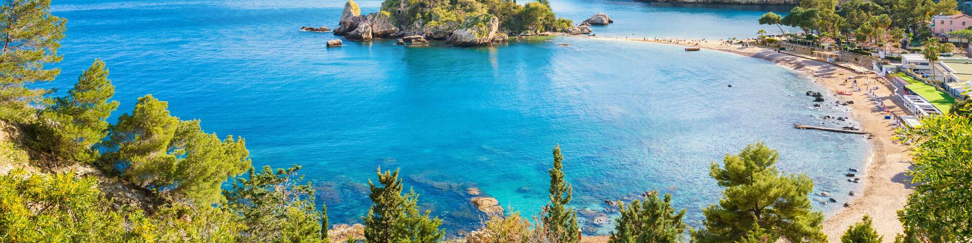Panoramic view of Isola Bella small island near Taormina, Sicily, Italy.