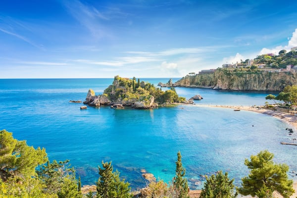 Panoramic view of Isola Bella small island near Taormina, Sicily, Italy.