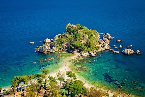 beach and island Isola Bella at Taormina, Sicily