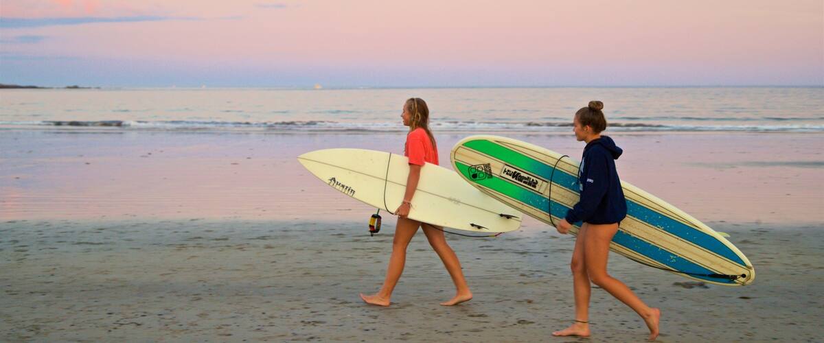 Gooch\'s Beach featuring surfing, general coastal views and a sandy beach