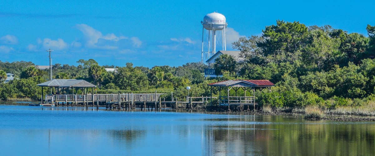 The Cedar Key Water Tower and Fishing Pier on the Island City of Cedar Key, Levy County, Florida