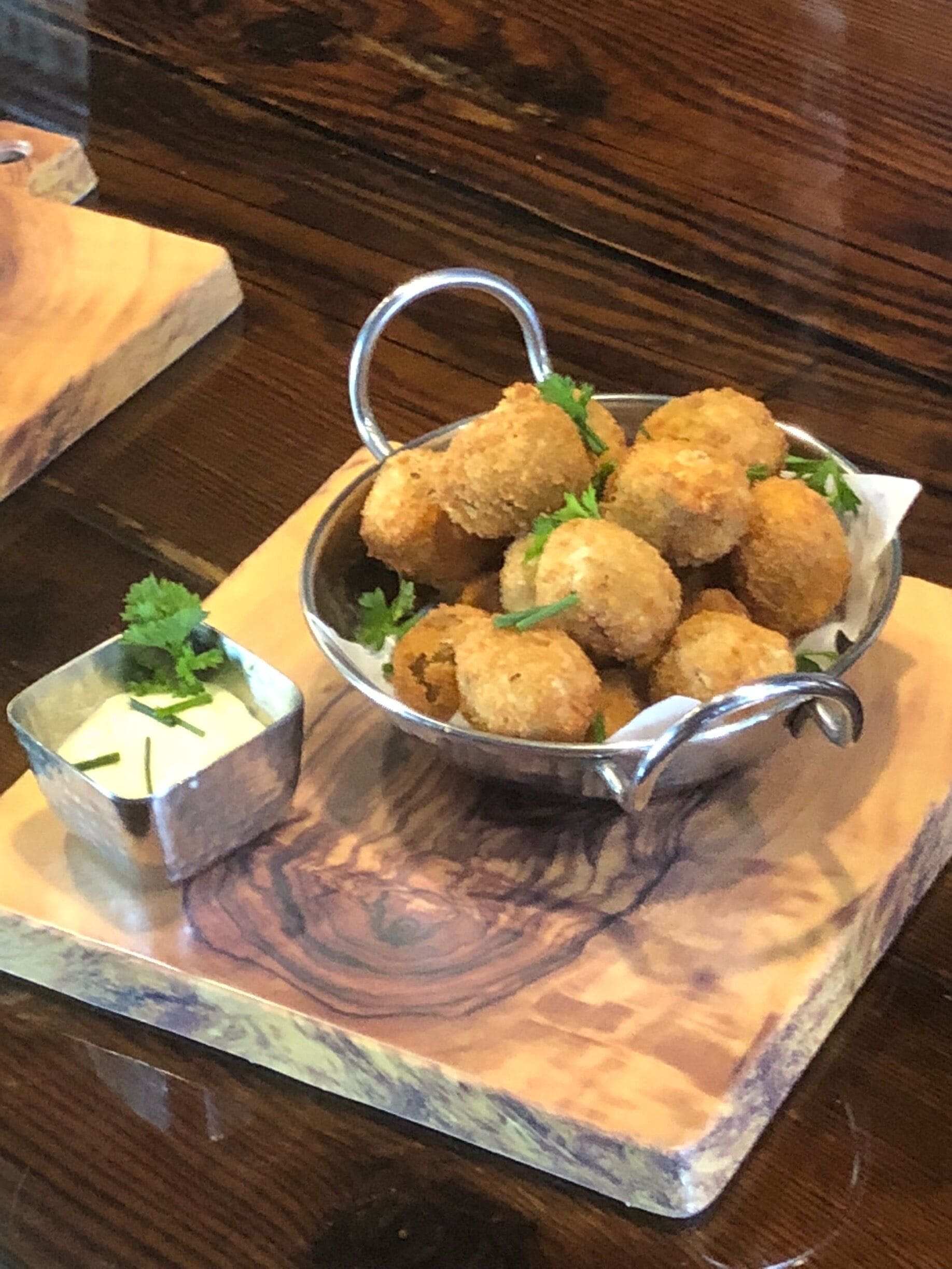 #goodeats beer battered deep fried green olives stuffed with bleu cheese and served with a garlic truffle aioli