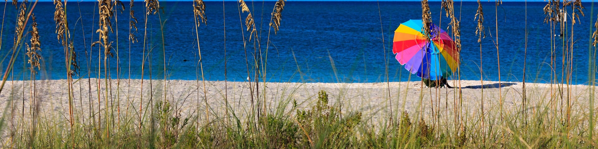 Colorful Beach Umbrella on a sandy beach with blue sky and ocean; Shutterstock ID 63898504; Purchase Order: -