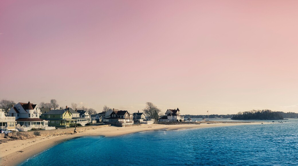 Sunset seascape over Buzzards Bay with the view of Wickets Island and Stash's Onset Beach in Massachusetts
