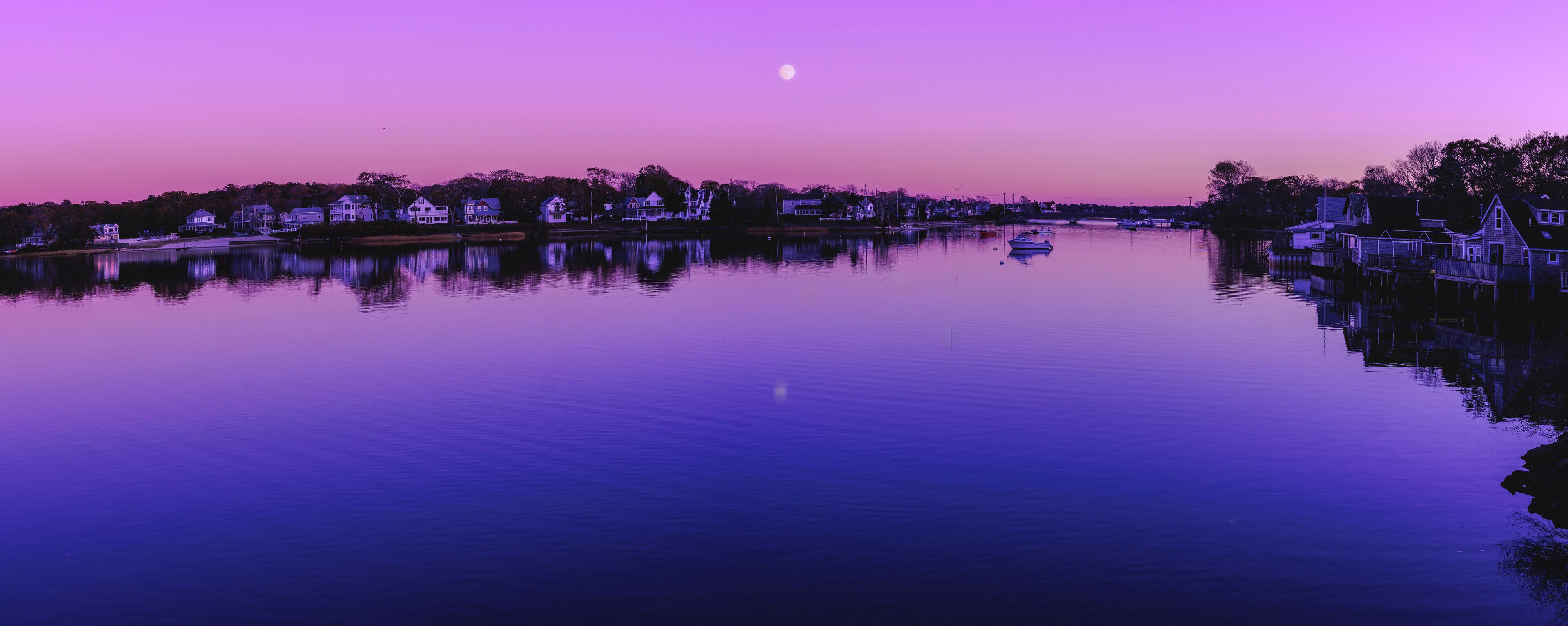 Moonrise Panorama Seascape over Onset Beach Harbor Village in Wareham, Massachusetts, USA