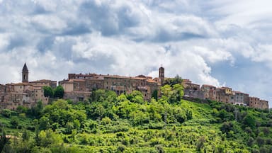 Una città storica arroccata su una collina, circondata da vegetazione lussureggiante e un cielo nuvoloso.