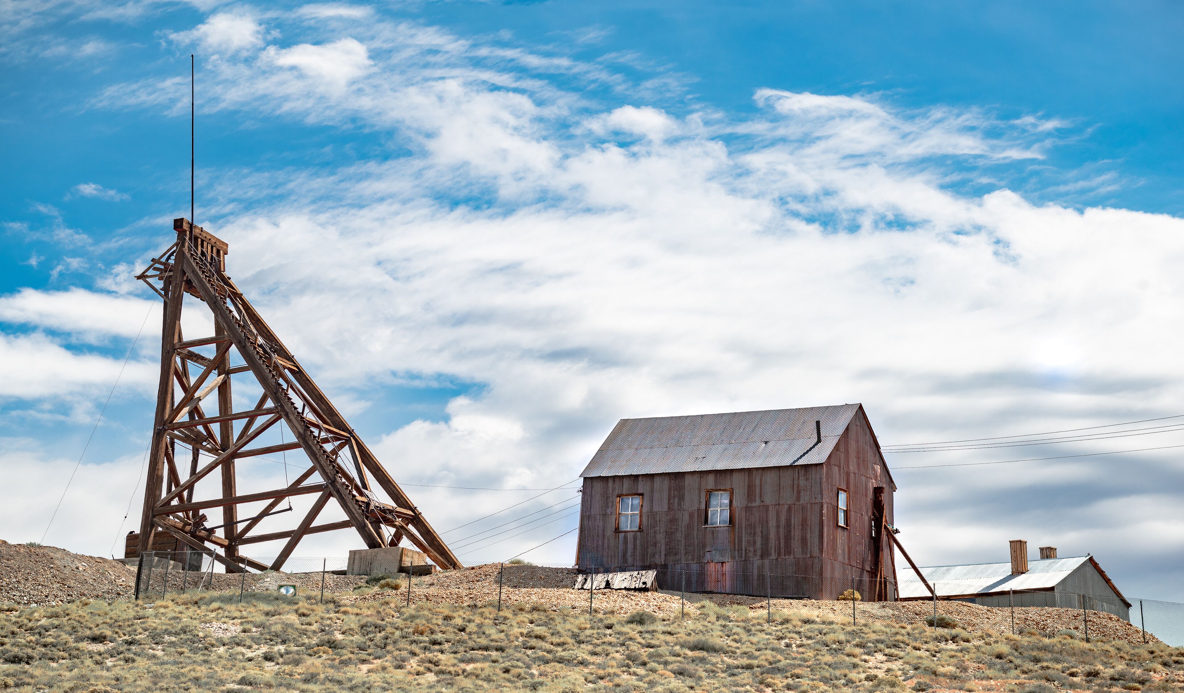 USA, Nye County, Nevada, Tonopah Historic Mining Park. The Silver Top mine headframe hoist at this well preserved western ghost town.