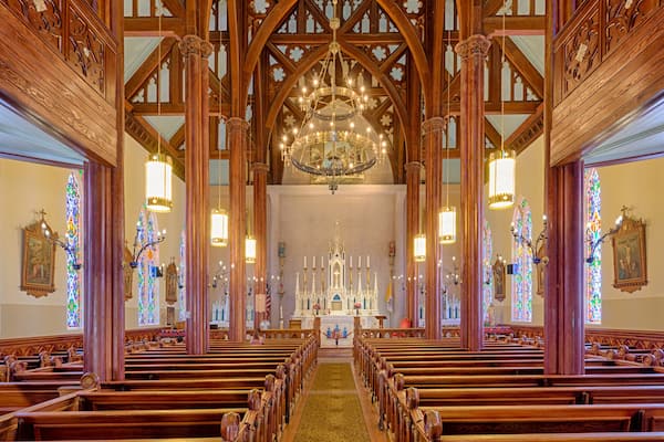 Interior of an empty St. Mary's in the Mountains Catholic Church in Virginia City, Nevada