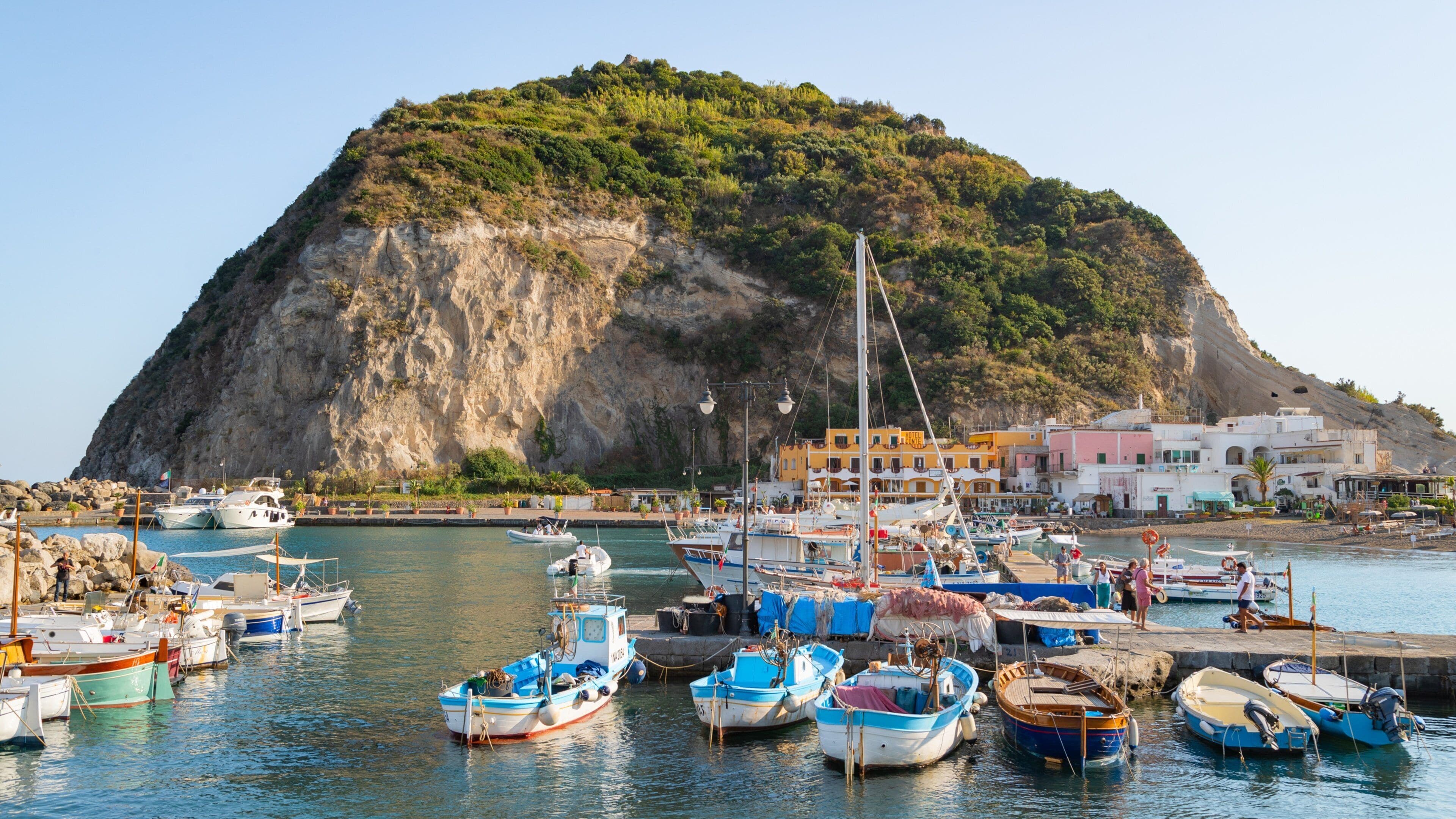 A harbor with boats docked, a rocky hill in the background, and buildings along the shore.