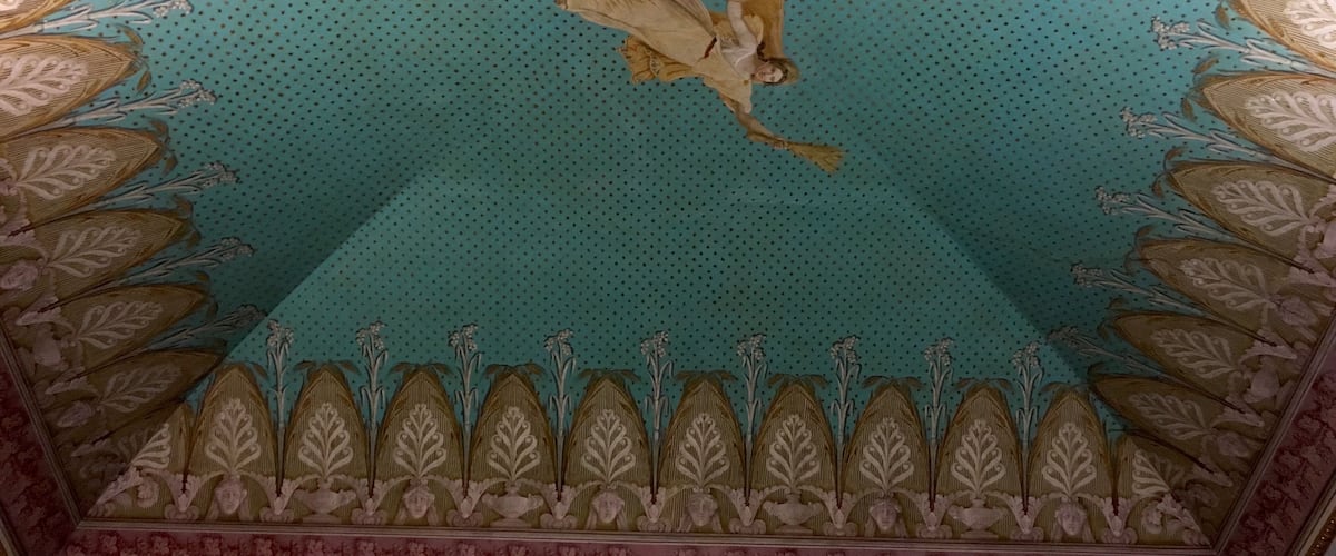 A ceiling with a central figure, ornate floral patterns, and a polka dot background.